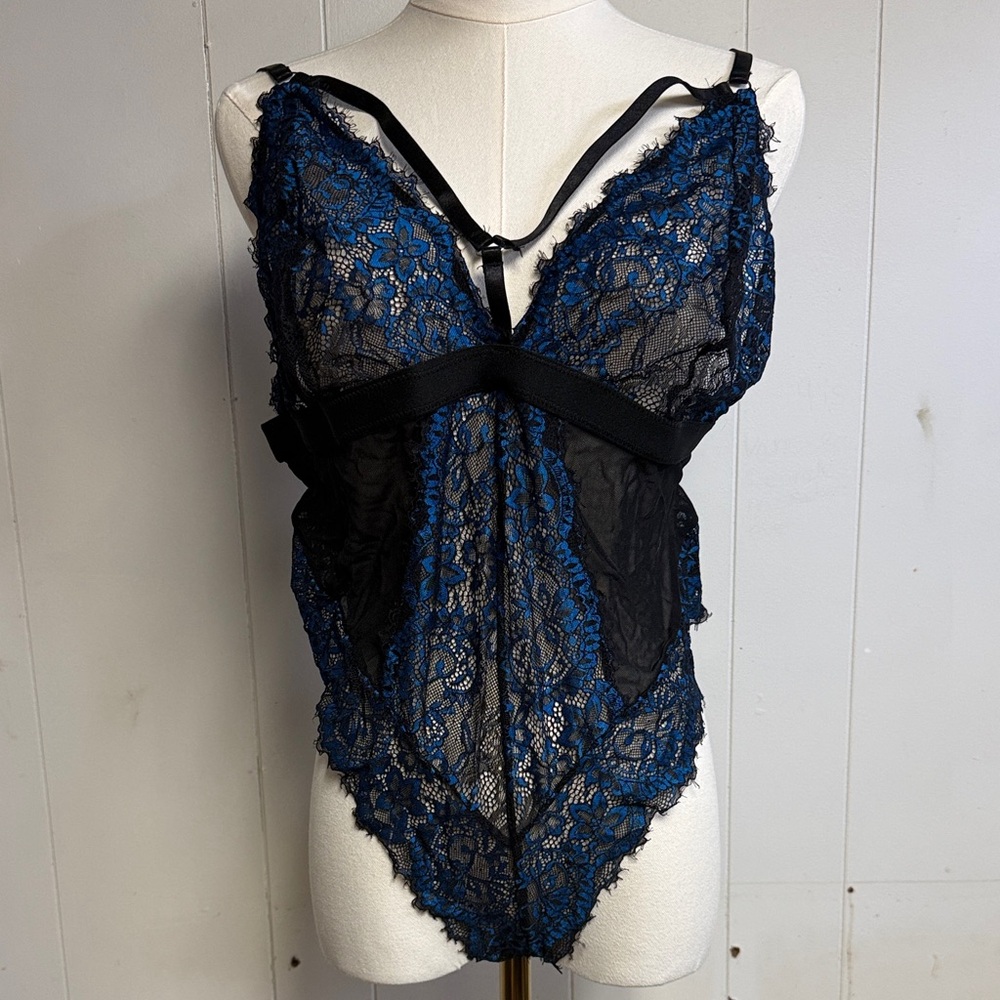 Elegant Lace Bodysuit in Blue and Black